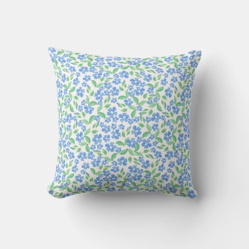 Pretty Ditsy Blue Green White Periwinkle Flowers Throw Pillow
