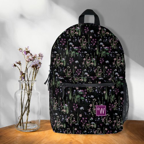 Pretty Ditsy FLoral Pattern Black Violet Monogram Printed Backpack