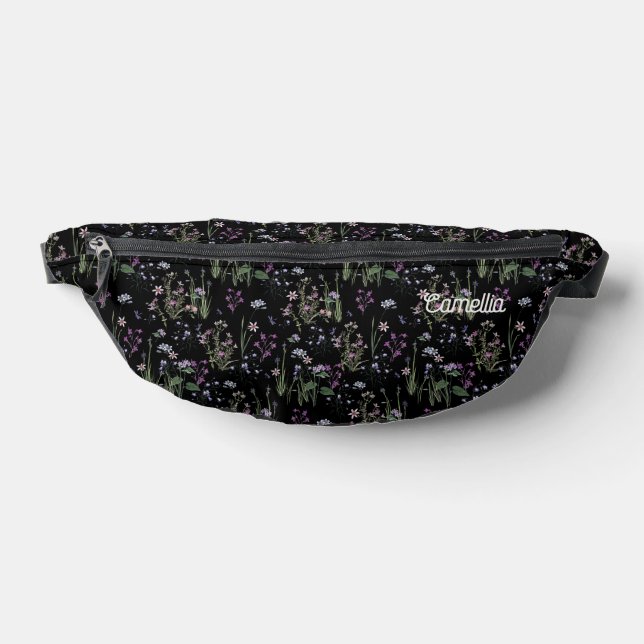 Pretty Ditsy FLoral Pattern Black Violet Name Fanny Pack (Lay Down)