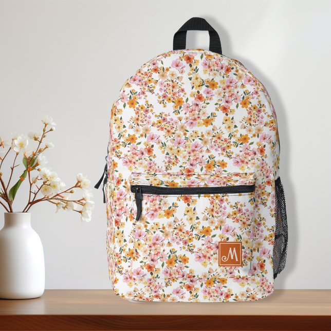 Pretty Ditsy Floral Pattern Yellow Orange Custom Printed Backpack (Pretty ditsy floral yellow orange name custom backpack for girl, cute backpack, back to school)