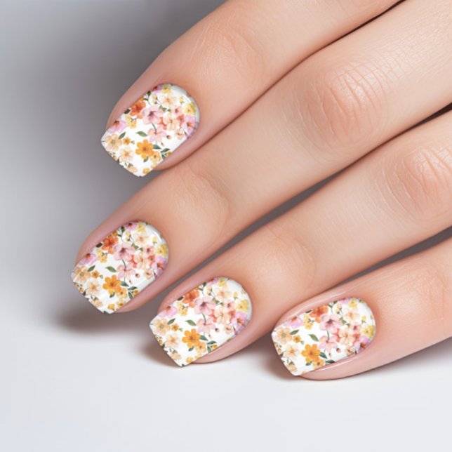 Pretty Ditsy Floral Pattern Yellow Orange Summer Minx Nail Art (A cute, fashion, trendy, orange botanical flower garden nail art wraps in watercolor style)