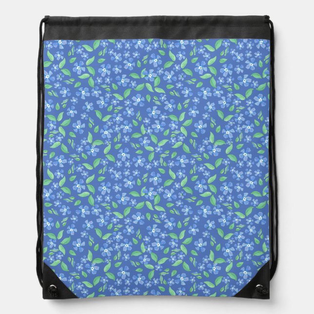 Pretty Ditsy Periwinkle Blue Green Floral Pattern Drawstring Bag (Front)