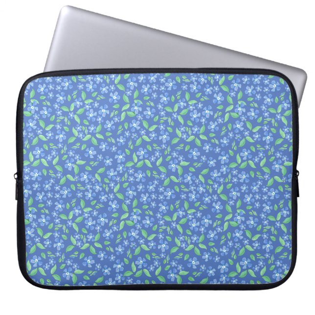 Pretty Ditsy Periwinkle Blue Green Floral Pattern Laptop Sleeve (Front)