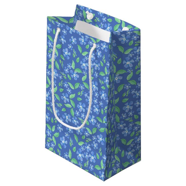 Pretty Ditsy Periwinkle Blue Green Floral Pattern Small Gift Bag (Front Angled)