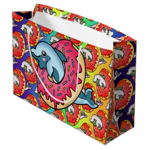Pretty Dolphin in Pink Donut with Rainbow Hues Large Gift Bag