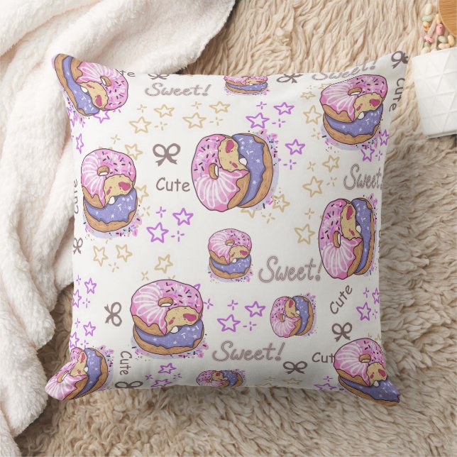 Pretty donuts Sweet pattern girly Purple White Throw Pillow (Blanket)