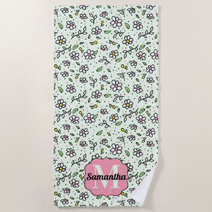 Pretty Doodle Daisy Flowers Cute Pattern Monogram Beach Towel