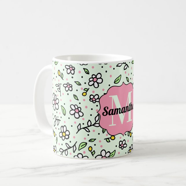 Pretty Doodle Daisy Flowers Cute Pattern Monogram Coffee Mug (Front Left)