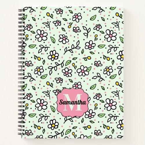 Pretty Doodle Daisy Flowers Cute Pattern Monogram Notebook