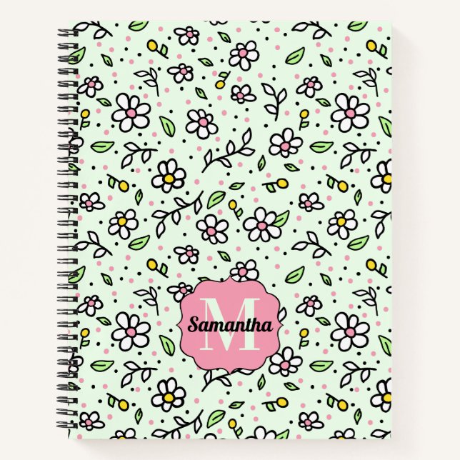 Pretty Doodle Daisy Flowers Cute Pattern Monogram Notebook (Front)
