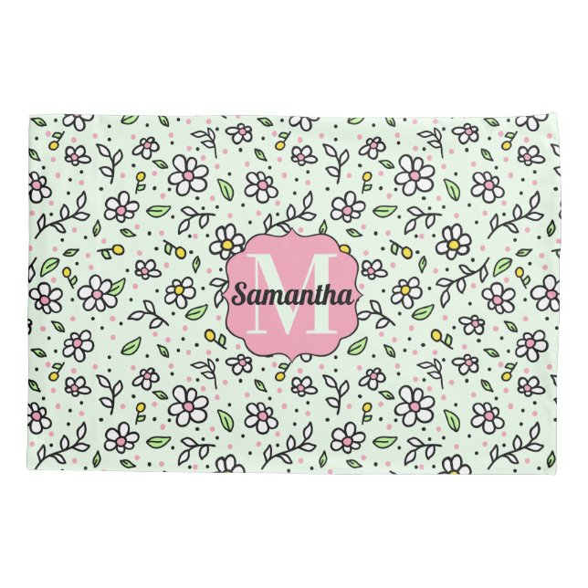 Pretty Doodle Daisy Flowers Cute Pattern Monogram Pillow Case (Back)