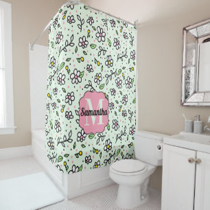 Pretty Doodle Daisy Flowers Cute Pattern Monogram Shower Curtain