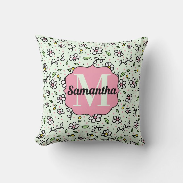 Pretty Doodle Daisy Flowers Cute Pattern Monogram Throw Pillow (Front)