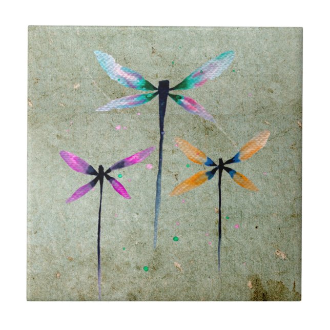 Pretty dragonflies watercolor illustration ceramic tile (Front)