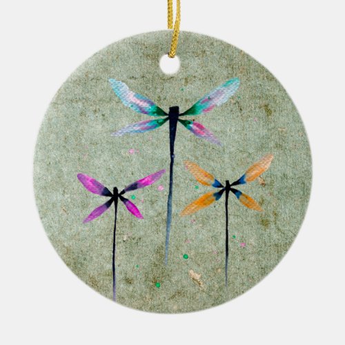 Pretty dragonflies watercolor rustic ceramic ornament