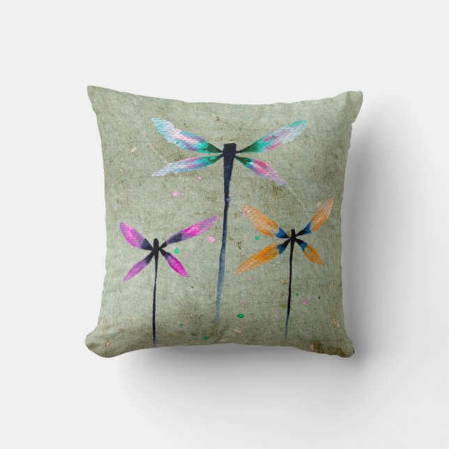 Pretty dragonflies watercolor rustic throw pillow (Front)