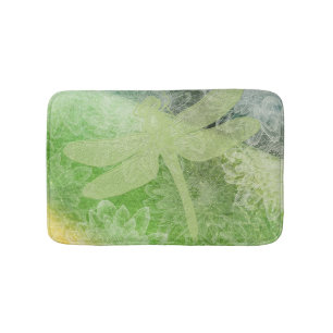 Pretty Dragonfly And Flower Art In Greens Bathroom Mat