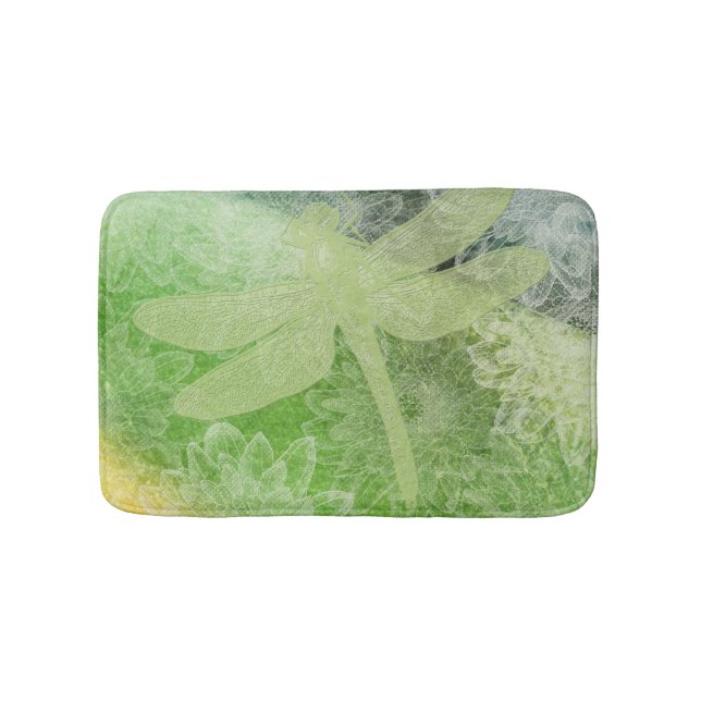 Pretty Dragonfly And Flower Art In Greens Bathroom Mat (Front)