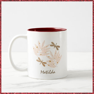 Pretty Dragonfly and Leaves Feminine Two-Tone Coffee Mug