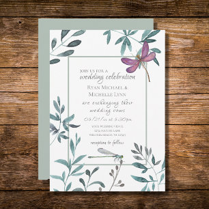 Pretty Dragonfly Garden Greenery on White Wedding Invitation