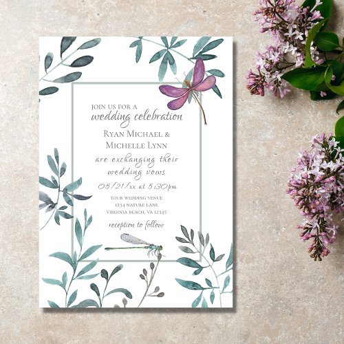 Pretty Dragonfly Garden Greenery on White Wedding Invitation