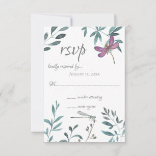 Pretty Dragonfly Garden Greenery on White Wedding RSVP Card