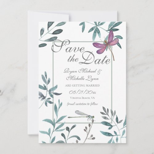 Pretty Dragonfly Garden Greenery on White Wedding Save The Date