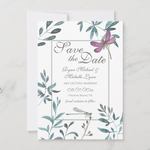 Pretty Dragonfly Garden Greenery on White Wedding Save The Date