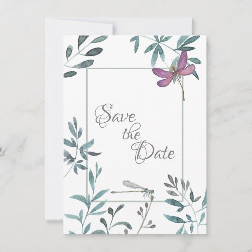 Pretty Dragonfly Garden Greenery on White Wedding Save The Date