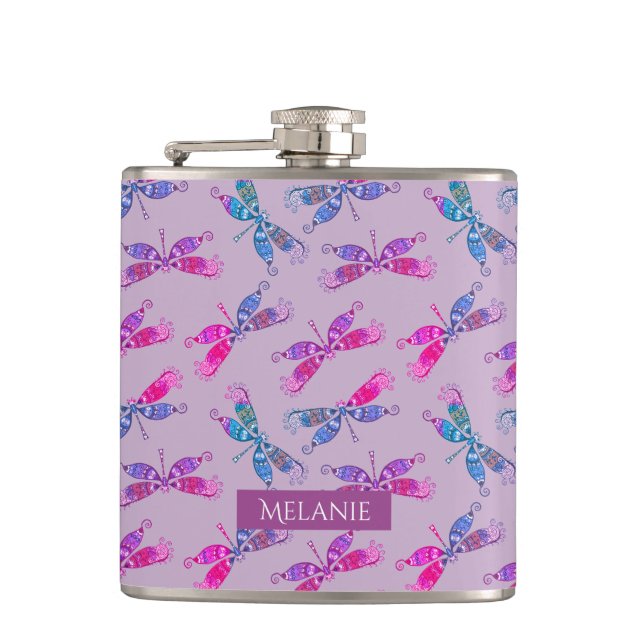 Pretty Dragonfly Purple Blue Pattern Personalised Flask (Front)