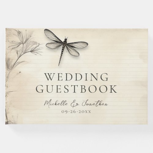 Pretty Dragonfly Sketch Vintage Journal Wedding Guest Book