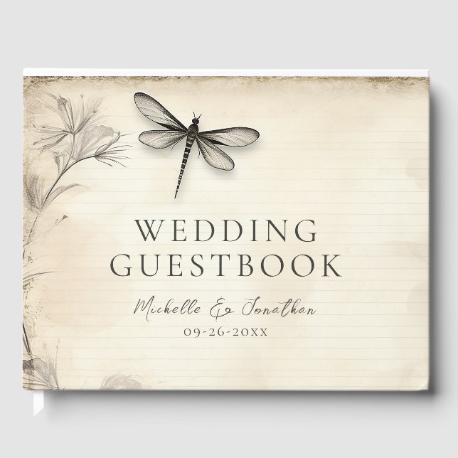 Pretty Dragonfly Sketch Vintage Journal Wedding Guest Book (Front)