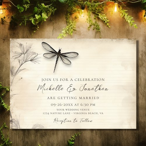 Pretty Dragonfly Sketch Vintage Journal Wedding Invitation