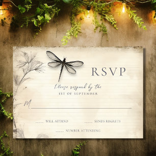 Pretty Dragonfly Sketch Vintage Journal Wedding RSVP Card