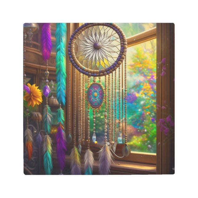 Pretty Dreamcatcher in Window Purple Boho Metal Print (Front)