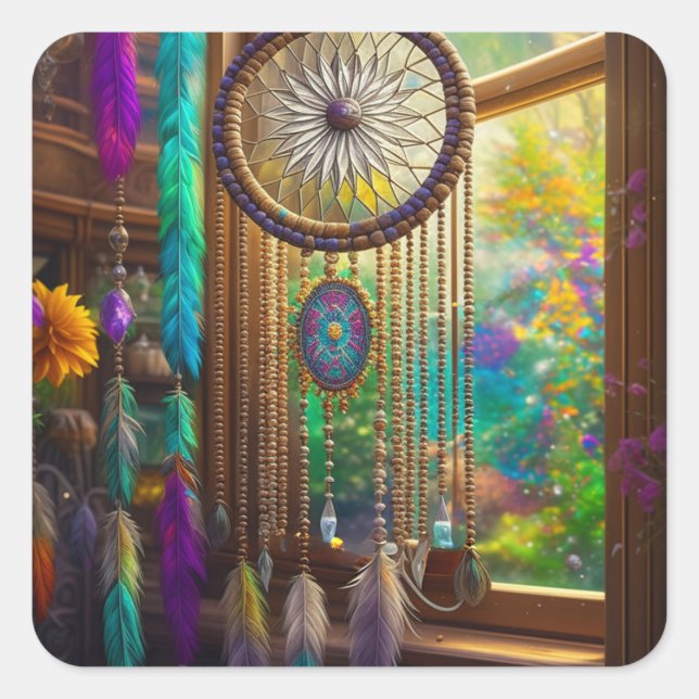 Pretty Dreamcatcher in Window Purple Boho Square Sticker (Front)