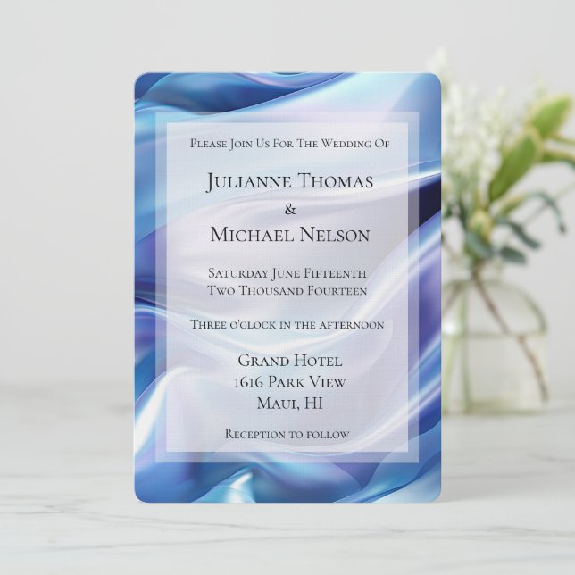 Pretty Dreamy Blue Purple Romantic Wedding Invitation (Standing Front)