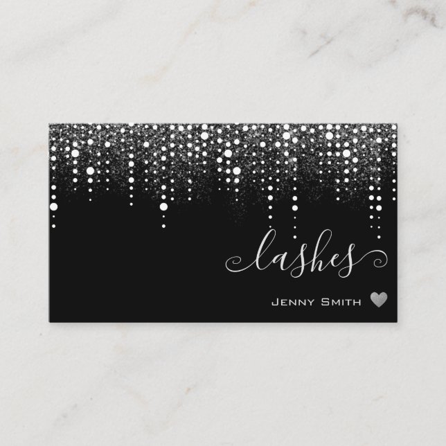 Pretty Drips on Black Silver Glitter Rain Lashes Business Card (Front)