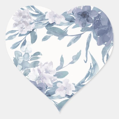 Pretty Dusty Blue Botanical Floral Wedding Heart Sticker