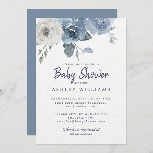 Pretty Dusty Blue Ivory Rose Baby Shower Invitation