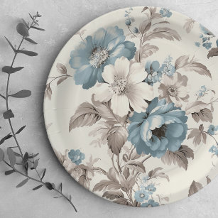 Pretty Dusty Blue/Light Brown Floral  Paper Plates