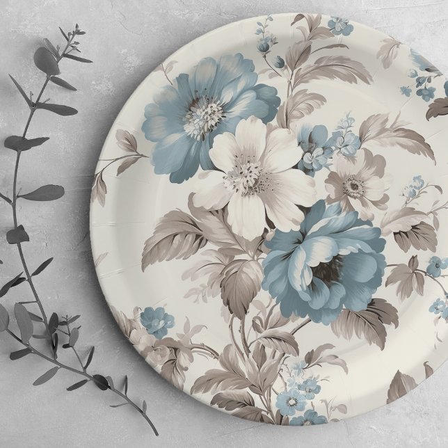 Pretty Dusty Blue/Light Brown Floral  Paper Plates (Creator Uploaded)