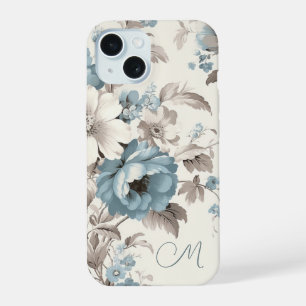 Pretty Dusty Blue/Light Brown Floral w/Initial iPhone 15 Case