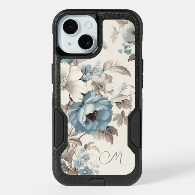 Pretty Dusty Blue/Light Brown Floral w/Initial iPhone 15 Case (Back)
