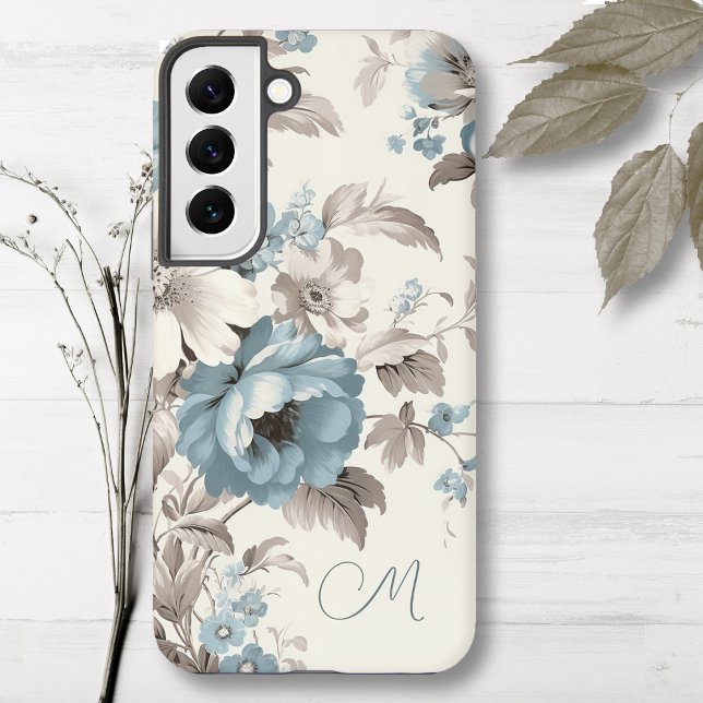 Pretty Dusty Blue/Light Brown Floral w/Initial Samsung Galaxy Case (Creator Uploaded)