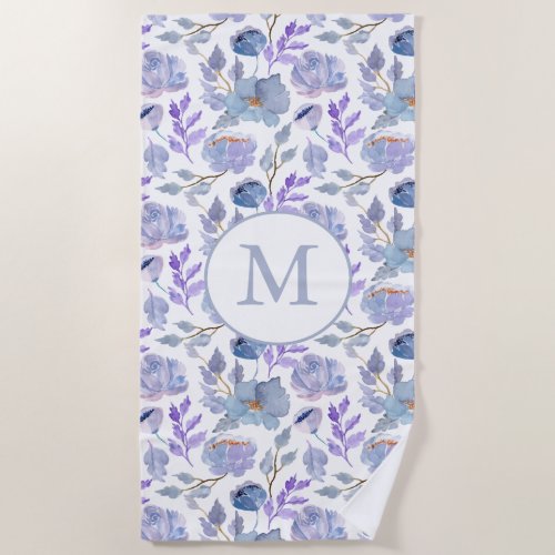 Pretty Dusty Blue Lilac Watercolor Floral Monogram Beach Towel