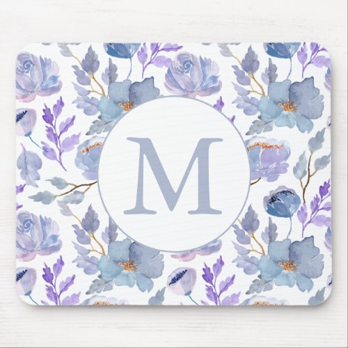 Pretty Dusty Blue Lilac Watercolor Floral Monogram Mouse Pad
