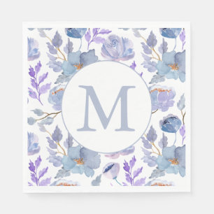 Pretty Dusty Blue Lilac Watercolor Floral Monogram Napkins