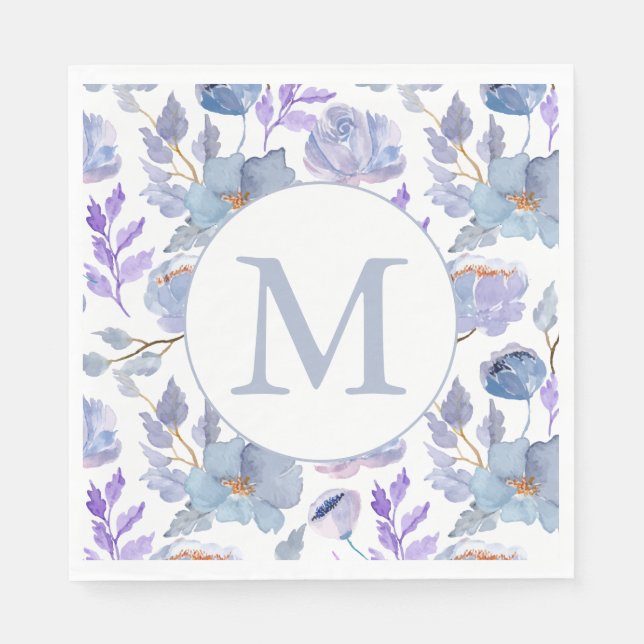 Pretty Dusty Blue Lilac Watercolor Floral Monogram Napkins (Front)