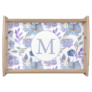 Pretty Dusty Blue Lilac Watercolor Floral Monogram Serving Tray